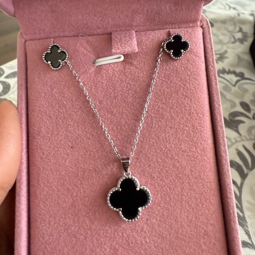 Clover 925 Sterling Silver Carnelian Black Earring And Necklace E19-4150
